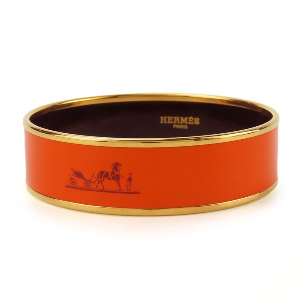 Hermes Bangle Emile GM Metal Cloisonne Orange Carved Gold Hardware Bracelet